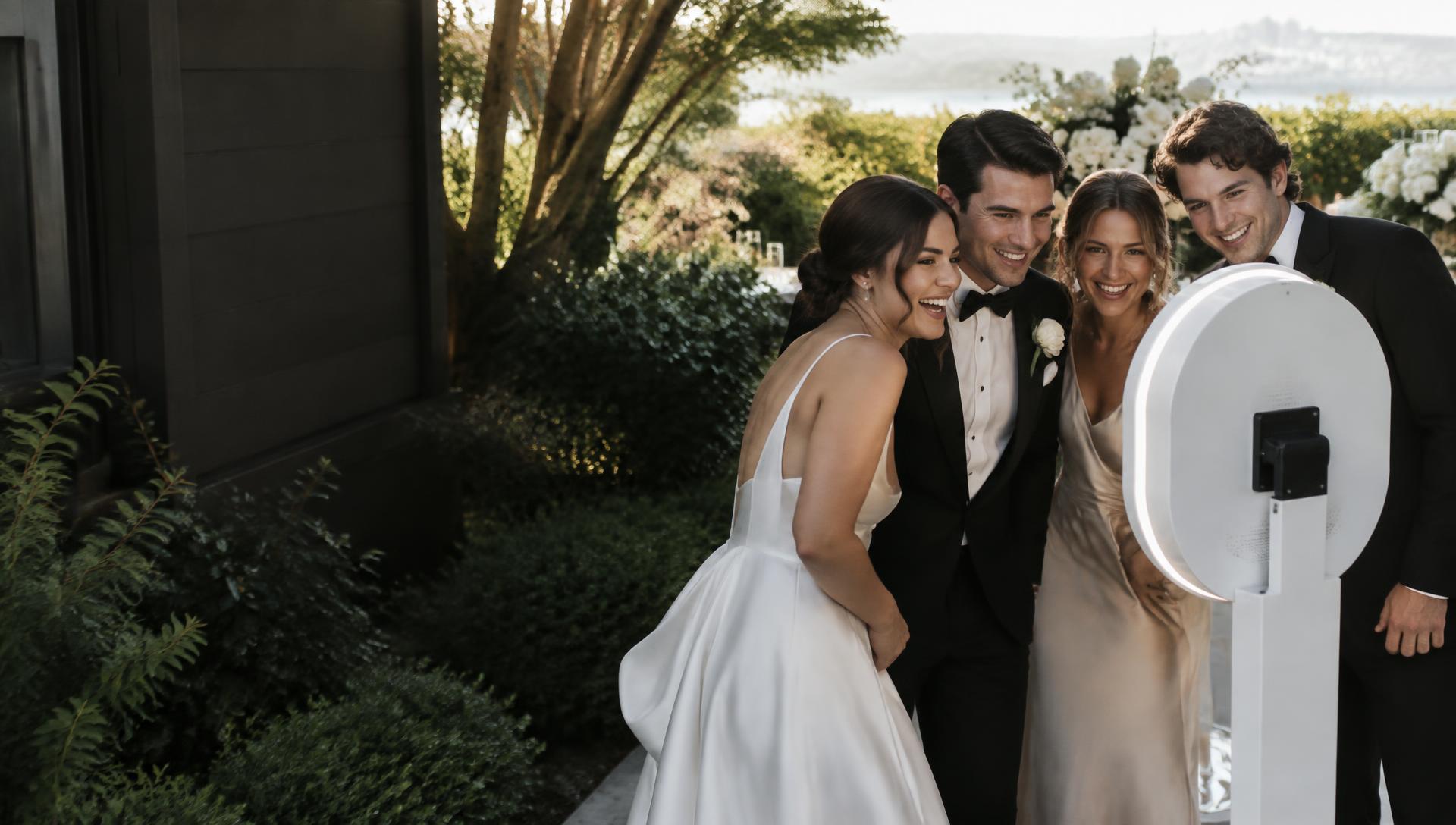 Wedding guests sharing a joyful moment at an elegant photo booth